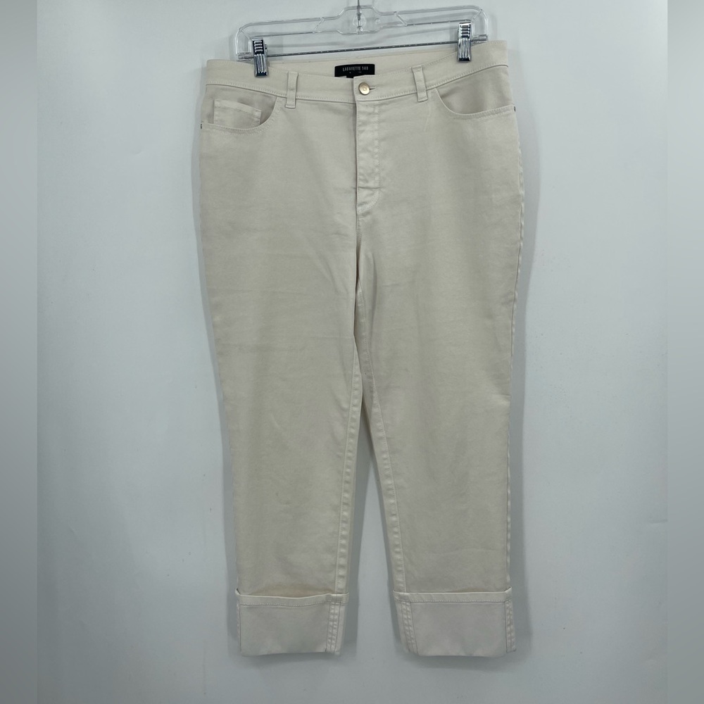 Lafayette 148 New York Cuffed Stretch Cotton Twill Pants Cream Size 12 Like New - Picture 2 of 9